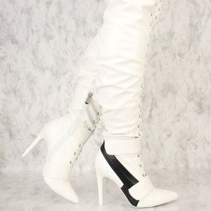 Front Lace Up Pointy Toe Sneaker Thigh High Boots